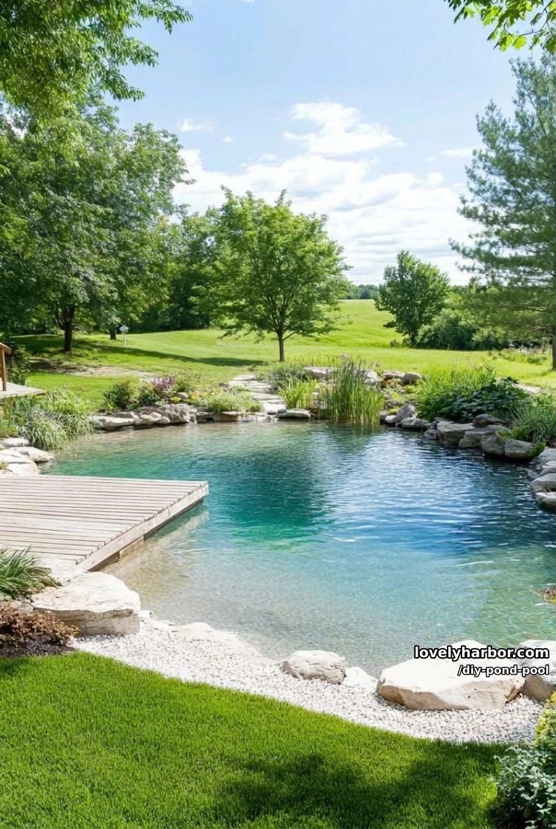 backyard swimming pond with white rocks and a dock 1