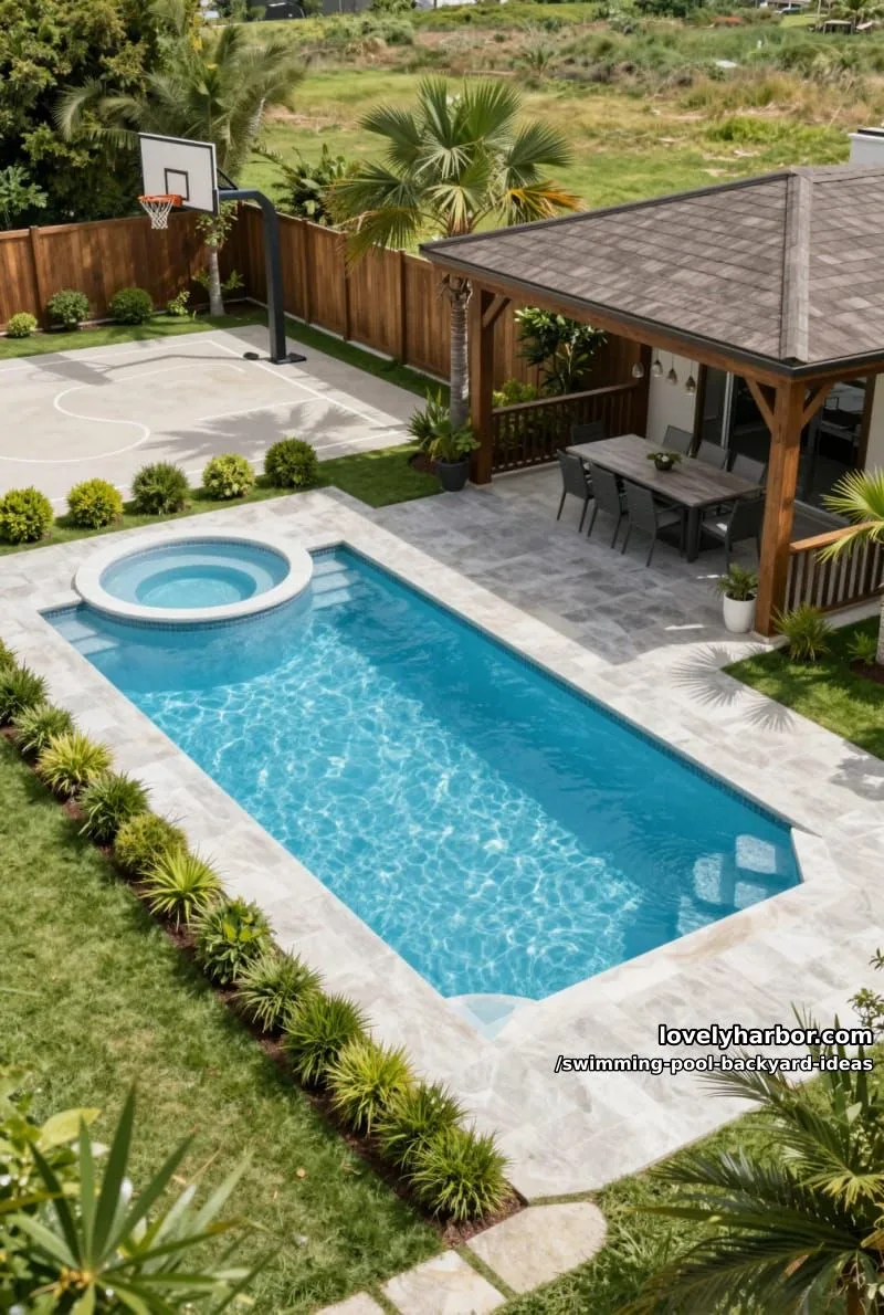 backyard with pool, hot tub, gazebo, half basketball court, and dining area 1