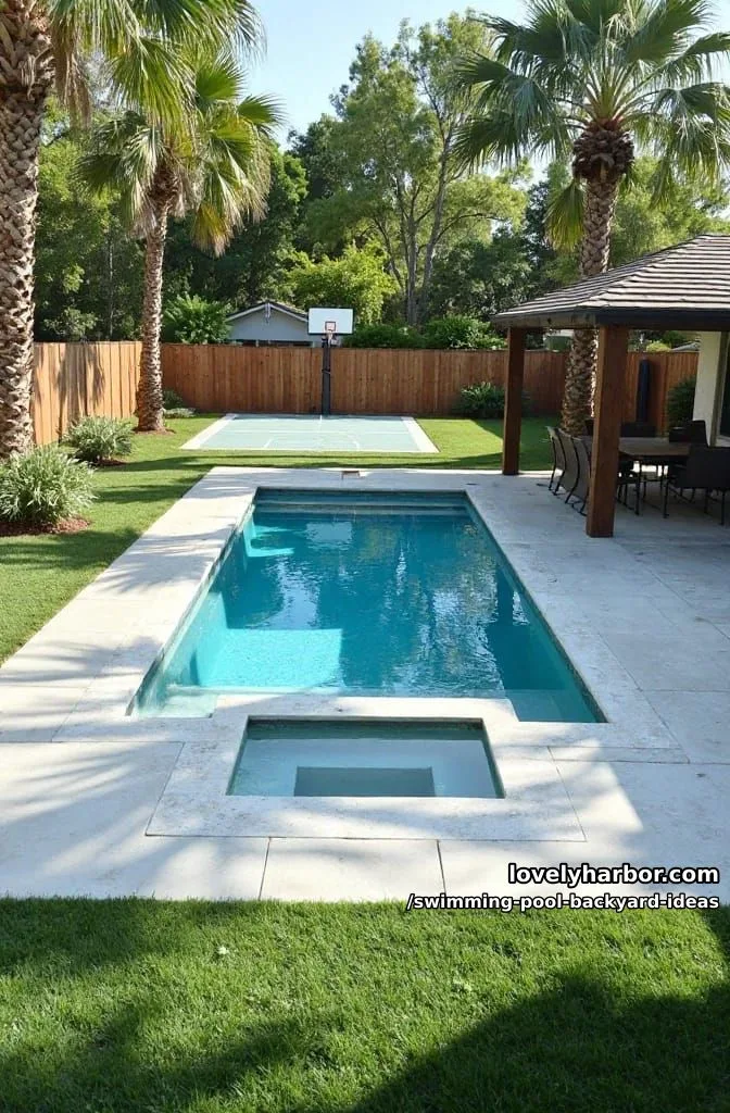 backyard with pool, hot tub, gazebo, half basketball court, and dining area 1