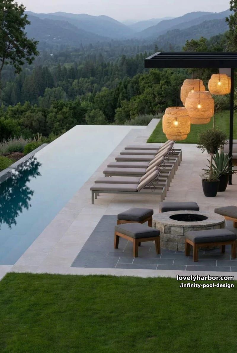 backyard with rectangular pool, fire pit, lounge chairs, and bamboo lighting. 1
