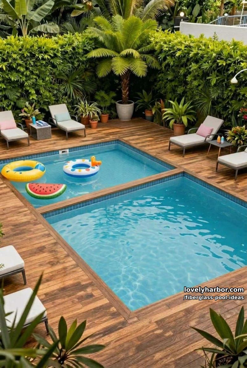 backyard with two fiberglass pools, colorful floats, wooden deck, and lush landscaping. 1