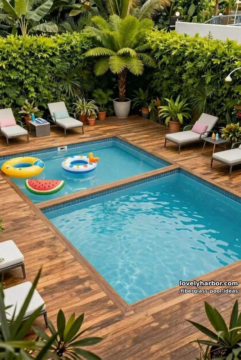 20 Fiberglass Pool Ideas for a Cozy Outdoor Retreat 11 backyard with two fiberglass pools, colorful floats, wooden deck, and lush landscaping. 1