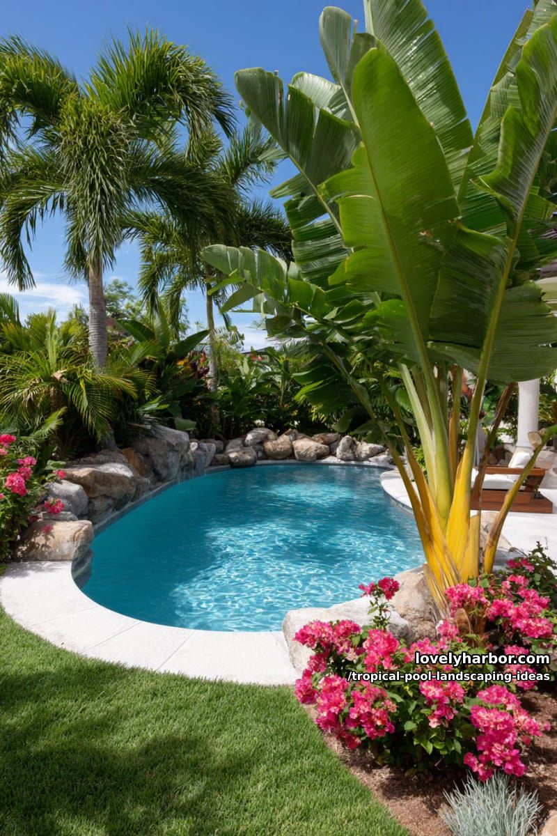 banana plant with yellow stems, poolside grass, pink flowering shrubs, sunny oasis. 1
