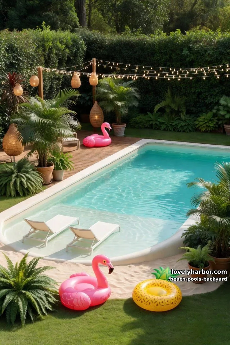 beach entry fiberglass pool, submerged lounge chairs, greenery, and playful atmosphere. 1