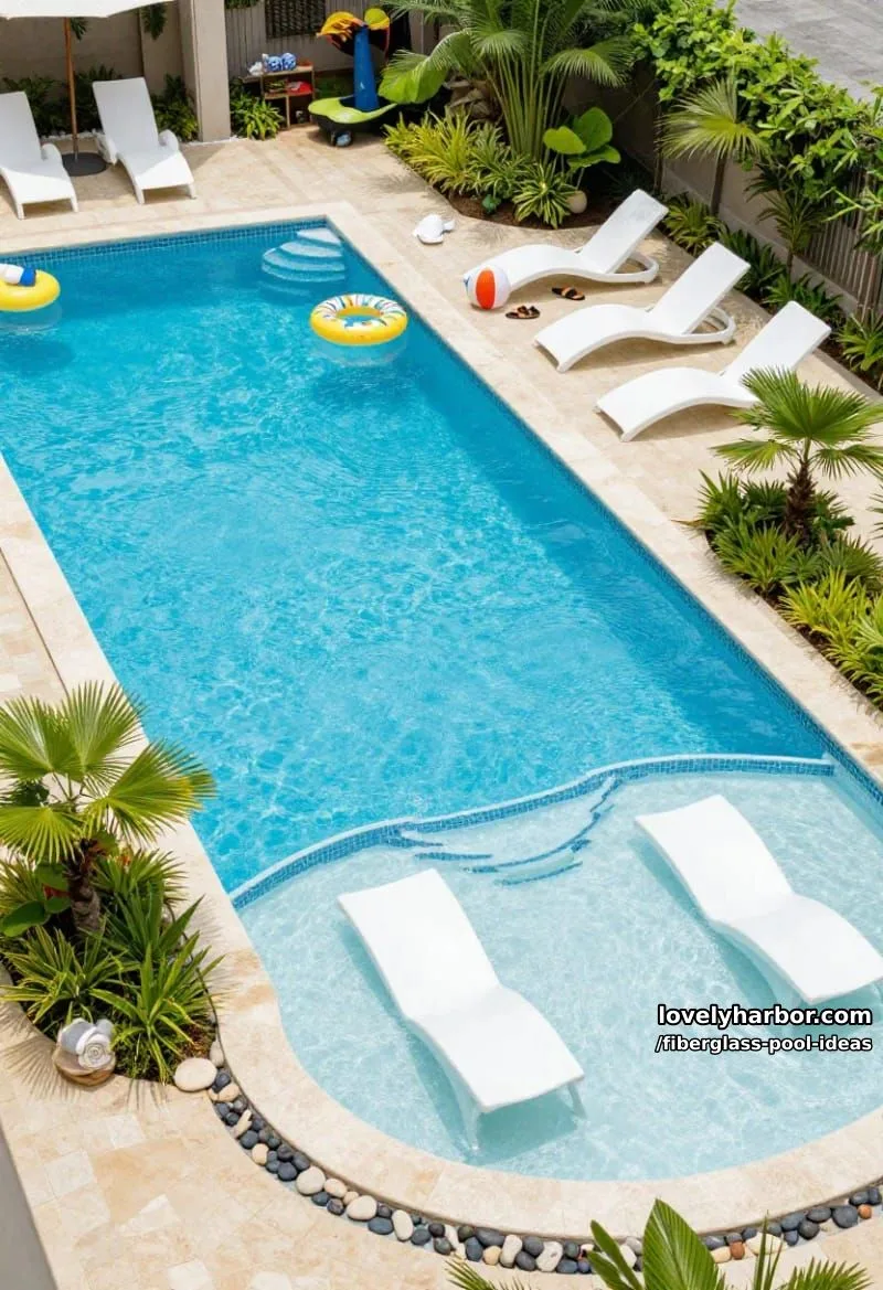 20 Fiberglass Pool Ideas for a Cozy Outdoor Retreat 8 beach entry fiberglass pool with in-pool loungers and playful atmosphere. 1