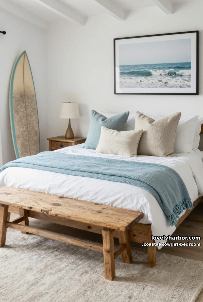 beach-inspired bedroom with surfboard, white bedding, blue throw, ocean photograph. 1