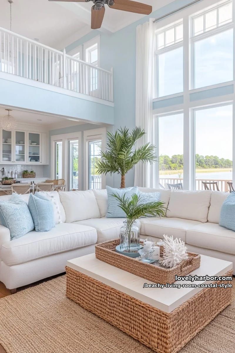 beach-inspired living room with cream sectional, pale blue walls, and cabinetry 1