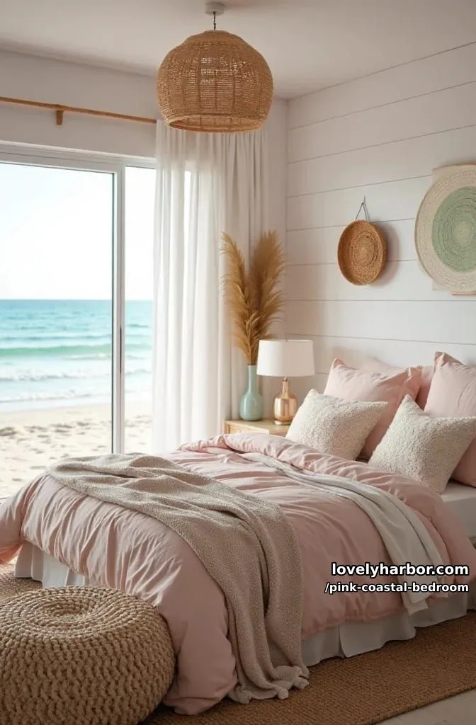 20 Dreamy Pink Coastal Bedroom Ideas to Try This Season 23 beach-themed bedroom with pink comforter, woven decor, and ocean view. 1