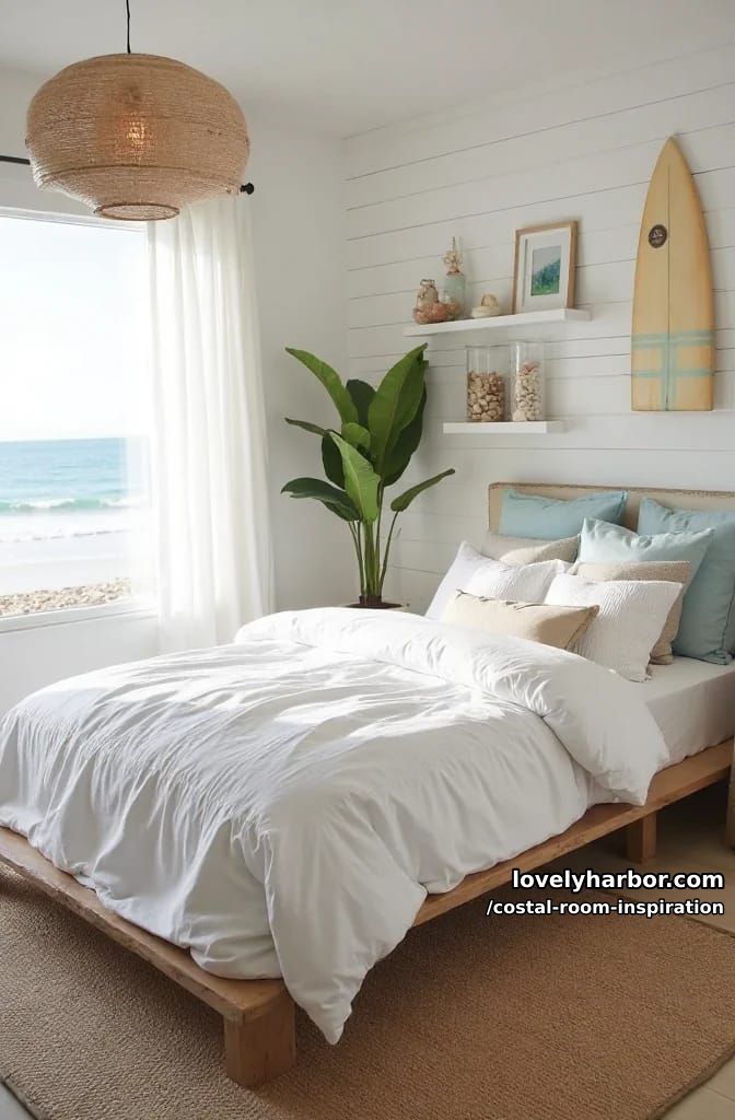 beach-themed bedroom with ruched bedding, surfboard, and shell accents. 1