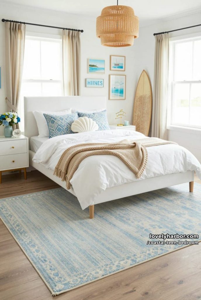 beach-themed bedroom with shiplap walls, shell pillows, and surfboard decor. 8