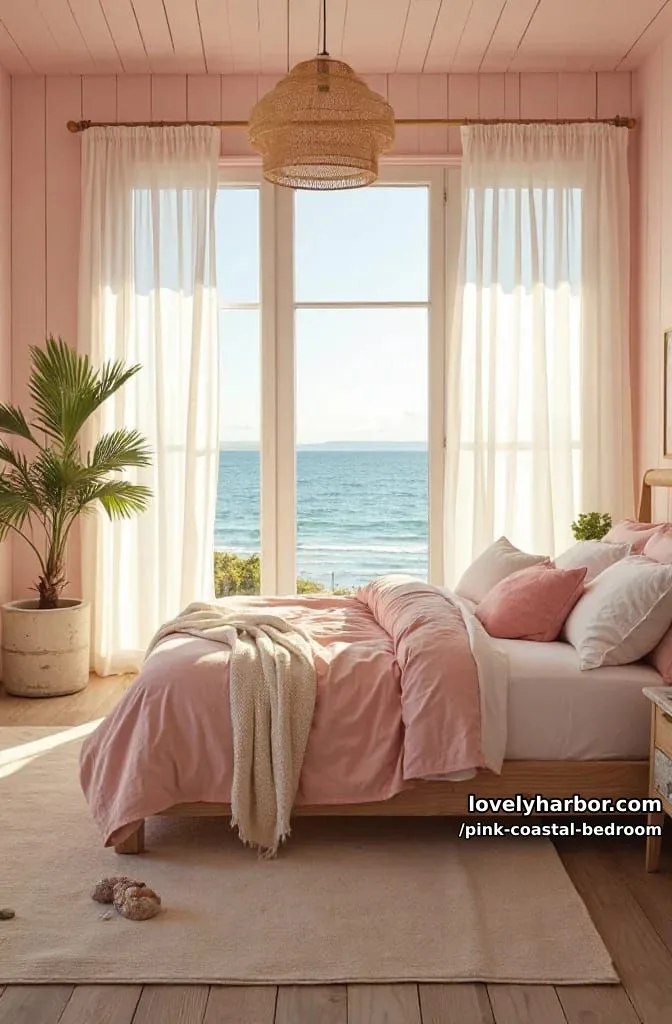 20 Dreamy Pink Coastal Bedroom Ideas to Try This Season 17 beachside bedroom with pink plank walls and panoramic ocean view. 1