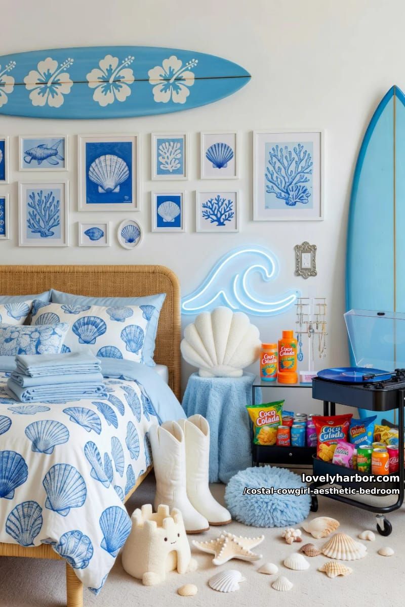 beachy bedroom with rattan headboard, shell bedding, surfboard art, and snack cart 1