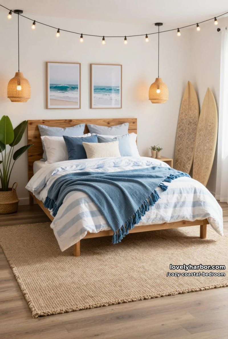 20 Dreamy Coastal Bedrooms for a Serene Retreat 6 beachy bedroom with striped bedding, surfboards, and string lights 1