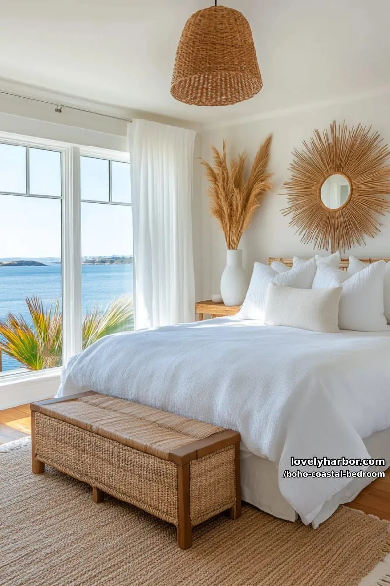20 Boho Coastal Bedroom Ideas for a Dreamy Retreat 4 beachy boho bedroom with sunburst mirror, pampas grass, and woven details. 1
