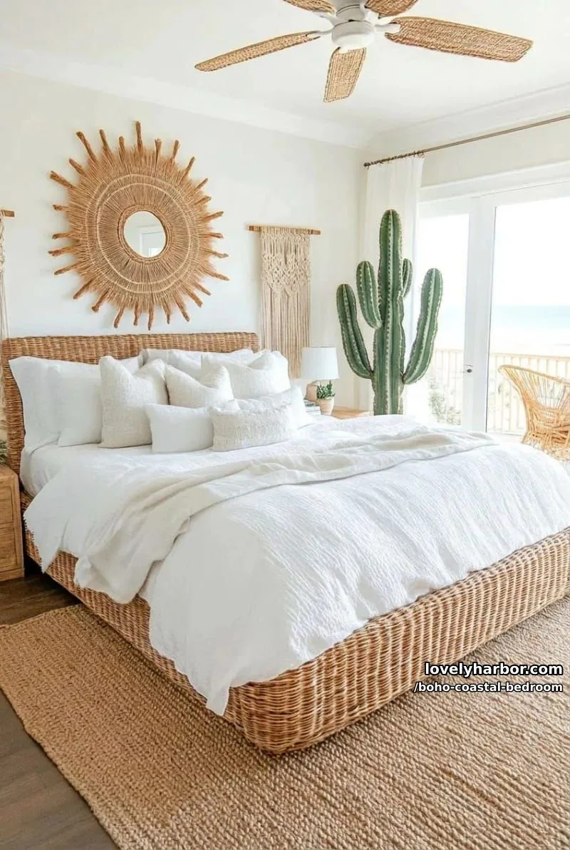 20 Boho Coastal Bedroom Ideas for a Dreamy Retreat 13 beachy boho bedroom with wicker bed, sunburst mirrors, jute rug, and cactus. 1