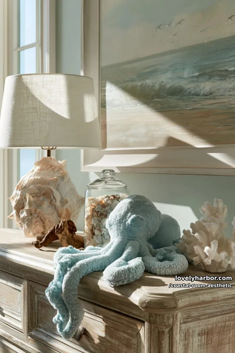beachy dresser vignette with seashell lamp, octopus plushie, and coastal art. 1
