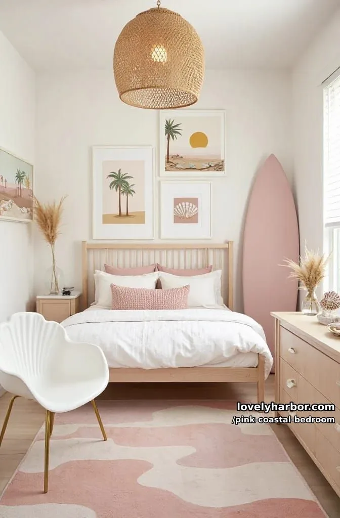 20 Dreamy Pink Coastal Bedroom Ideas to Try This Season 24 beachy girl's bedroom with spindle bed, rattan pendant, and surfboard. 1