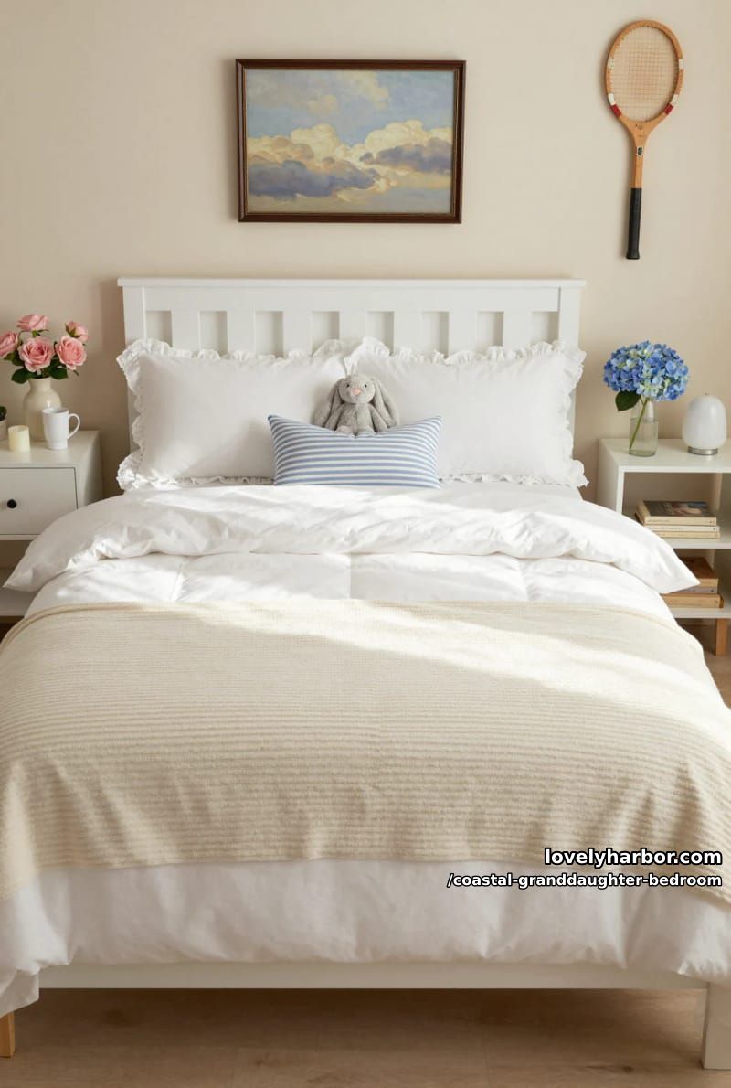 bed with padded headboard, ruffled pillows, plush bunny, and tennis racket wall decor. 1