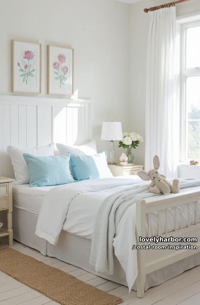 bed with white headboard, plush bunny, blue accents, and floral art. 1