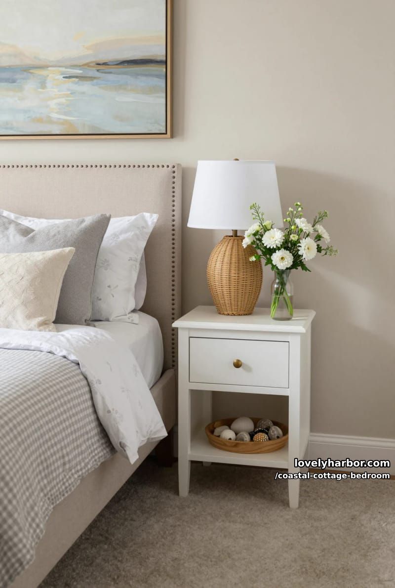 bedroom corner with beige headboard, gray gingham bedding, and seashell decor. 1