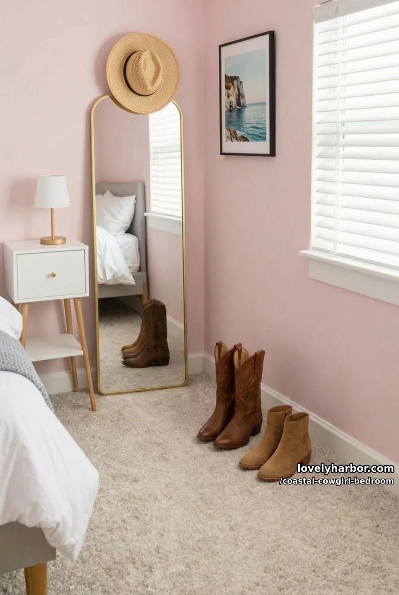bedroom corner with pink wall, gold mirror, cowboy boots, and seascape painting. 1
