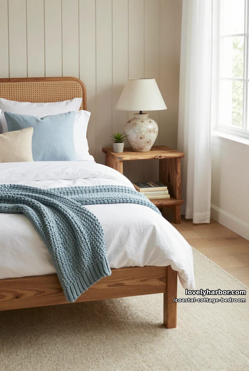 bedroom corner with rattan headboard, blue throw, rustic nightstand, and soft light. 1