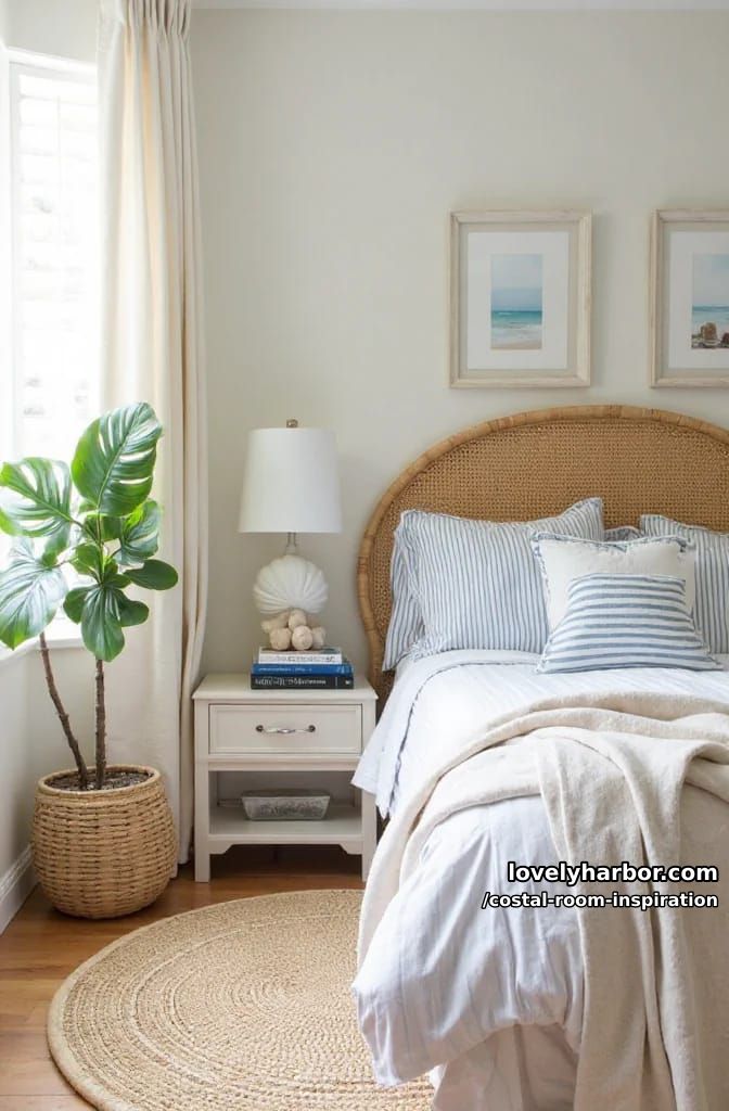 bedroom corner with rattan headboard, striped bedding, and woven textures. 1