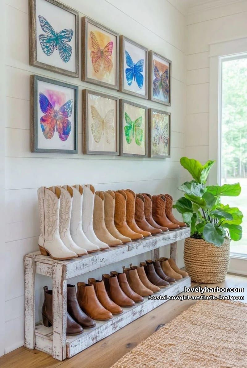 bedroom corner with wall arts, metallic dragonfly, and cowboy boots display 1
