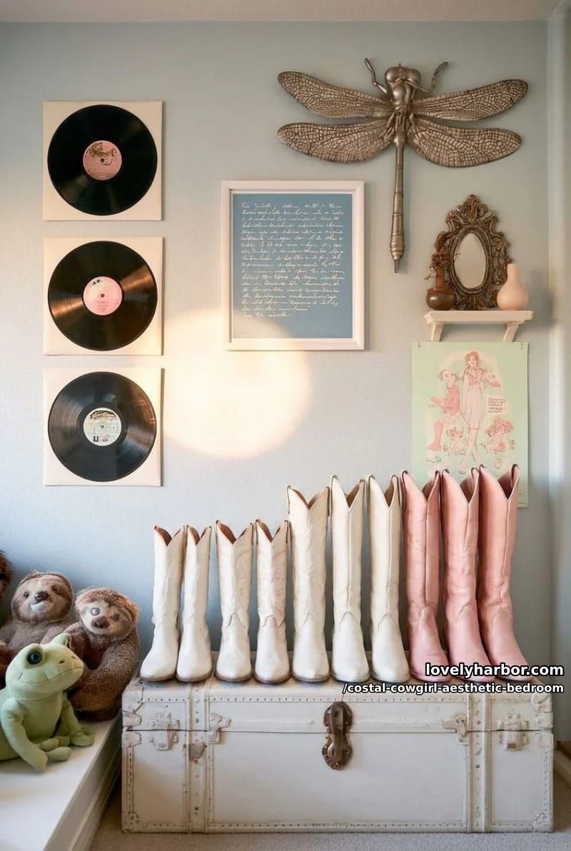bedroom corner with wall arts, metallic dragonfly, and cowboy boots display 1