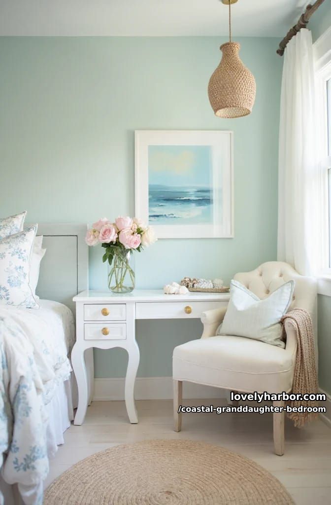 bedroom corner with white vanity, floral bedding, seascape painting, and plush chair. 1