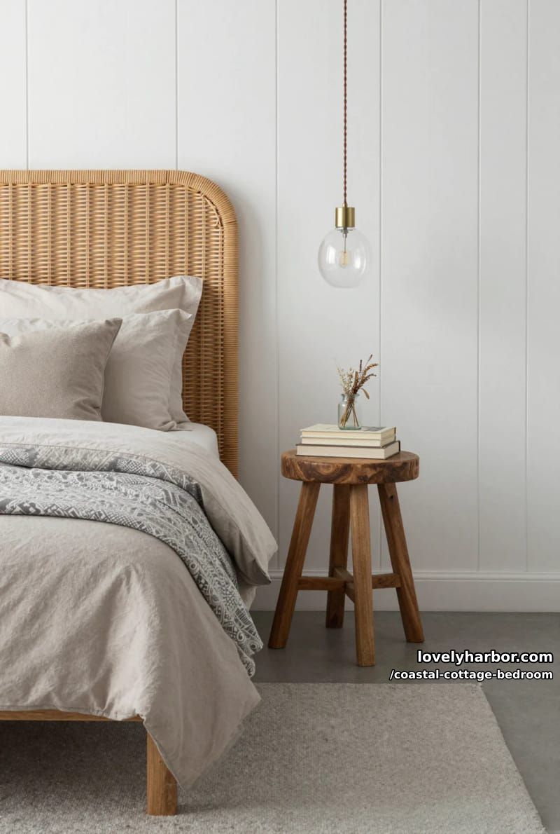 bedroom corner with woven rattan headboard, taupe bedding, and rustic stool nightstand. 1
