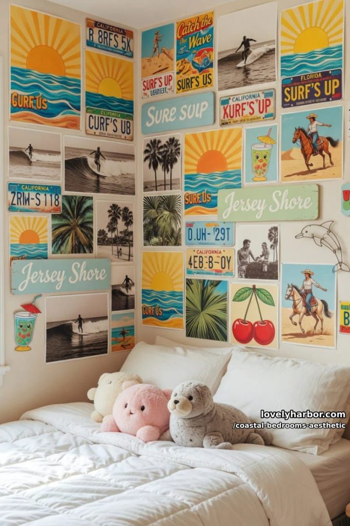 bedroom wall collage with beachy posters, plush toys, and summer prints. 19
