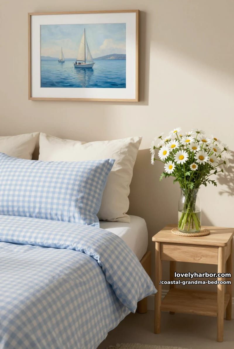 bedroom with blue gingham bedding, sailboat art, daisies, and warm sunlight. 1
