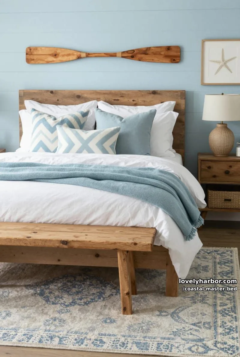 20 Coastal Master Bedrooms with Serene Vibes 18 bedroom with blue shiplap, wooden paddle, chevron pillows, and rustic bench. 1