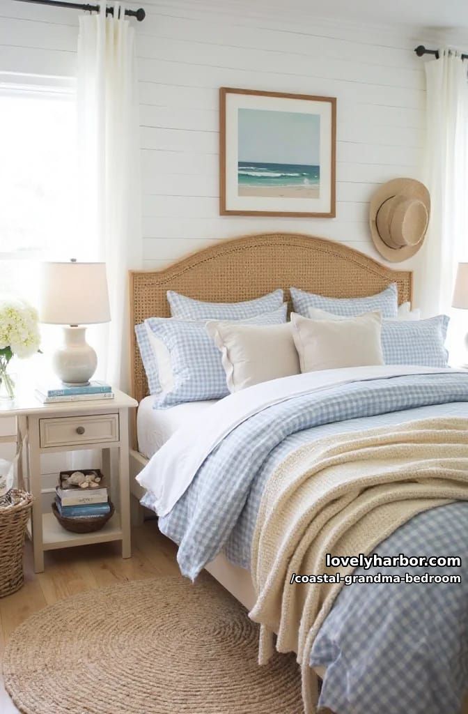 bedroom with cane headboard and gingham bedding 1