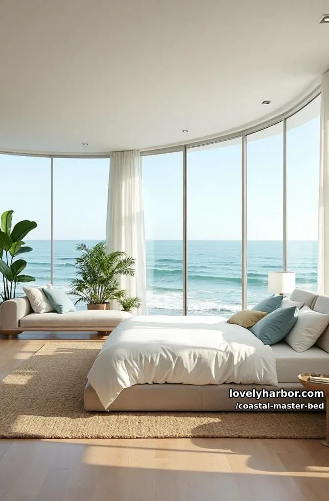 20 Coastal Master Bedrooms with Serene Vibes 10 bedroom with floor-to-ceiling windows, ocean view, chaise lounge, and plants. 1