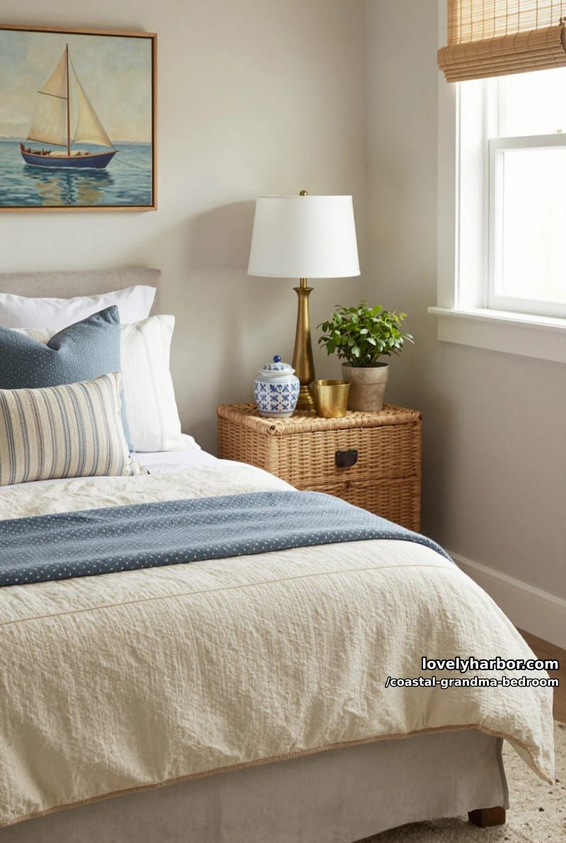 bedroom with layered textured bedding, striped pillows, and sailboat painting. 1