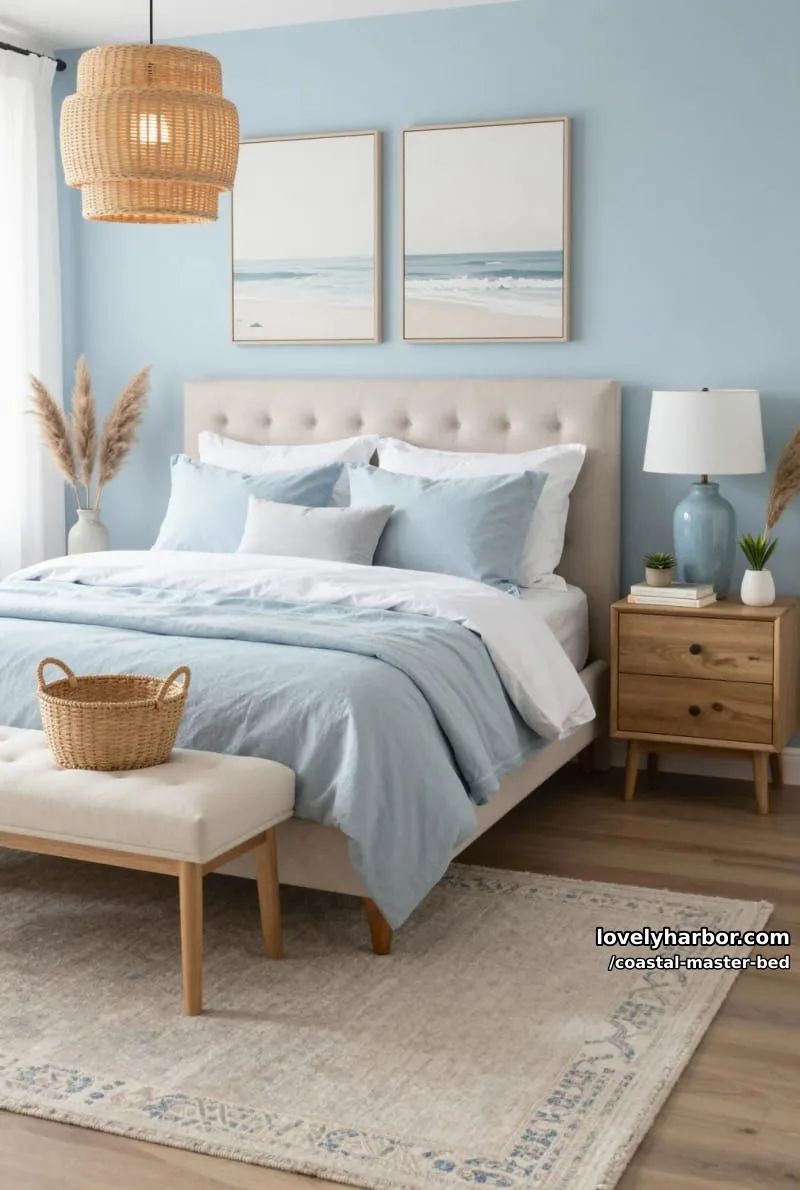 bedroom with light blue accent wall, tufted bed, rattan light, and seascape art. 1