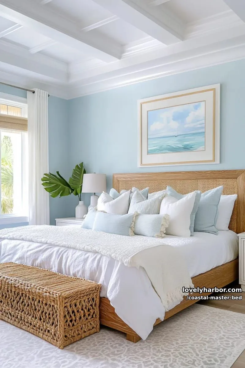 bedroom with light blue walls, wooden bed, rattan bench, and ocean artwork. 1