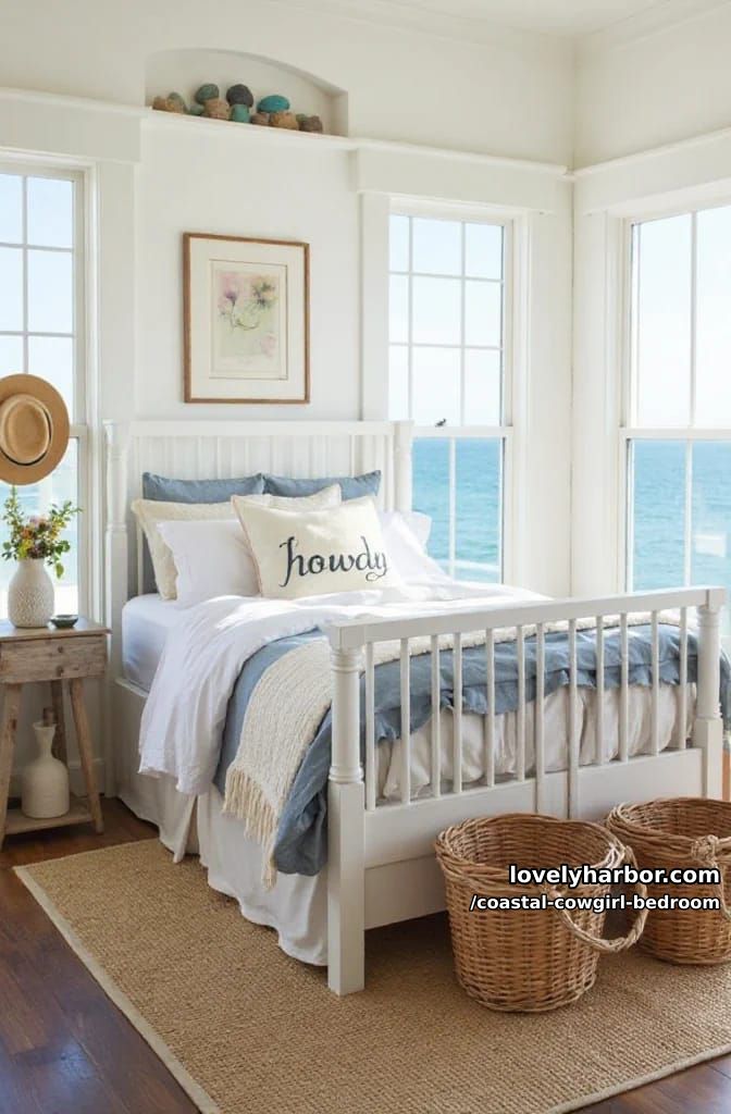 bedroom with ocean backdrop, spindle bed, rattan baskets, "howdy" pillow, western art. 1
