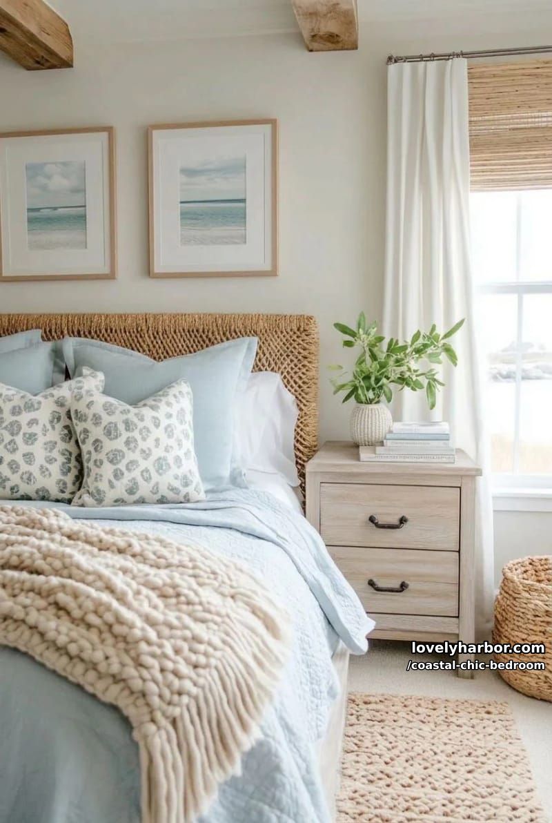 bedroom with rattan headboard, blue and beige bedding, beach art, and plants. 1