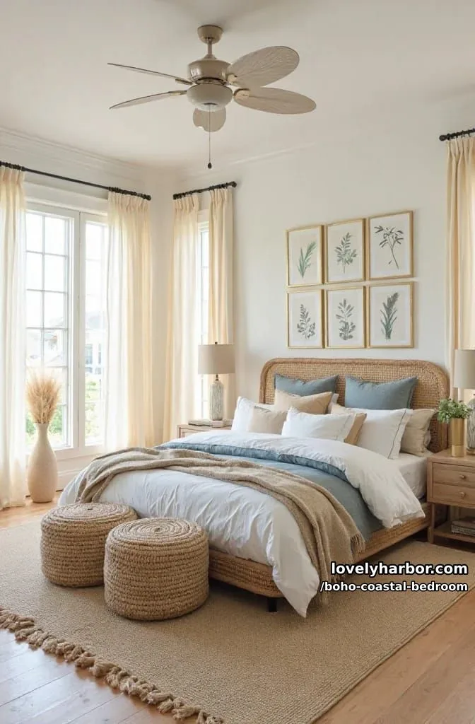 20 Boho Coastal Bedroom Ideas for a Dreamy Retreat 5 bedroom with rattan headboard, botanical prints, pampas grass, and natural textures. 1