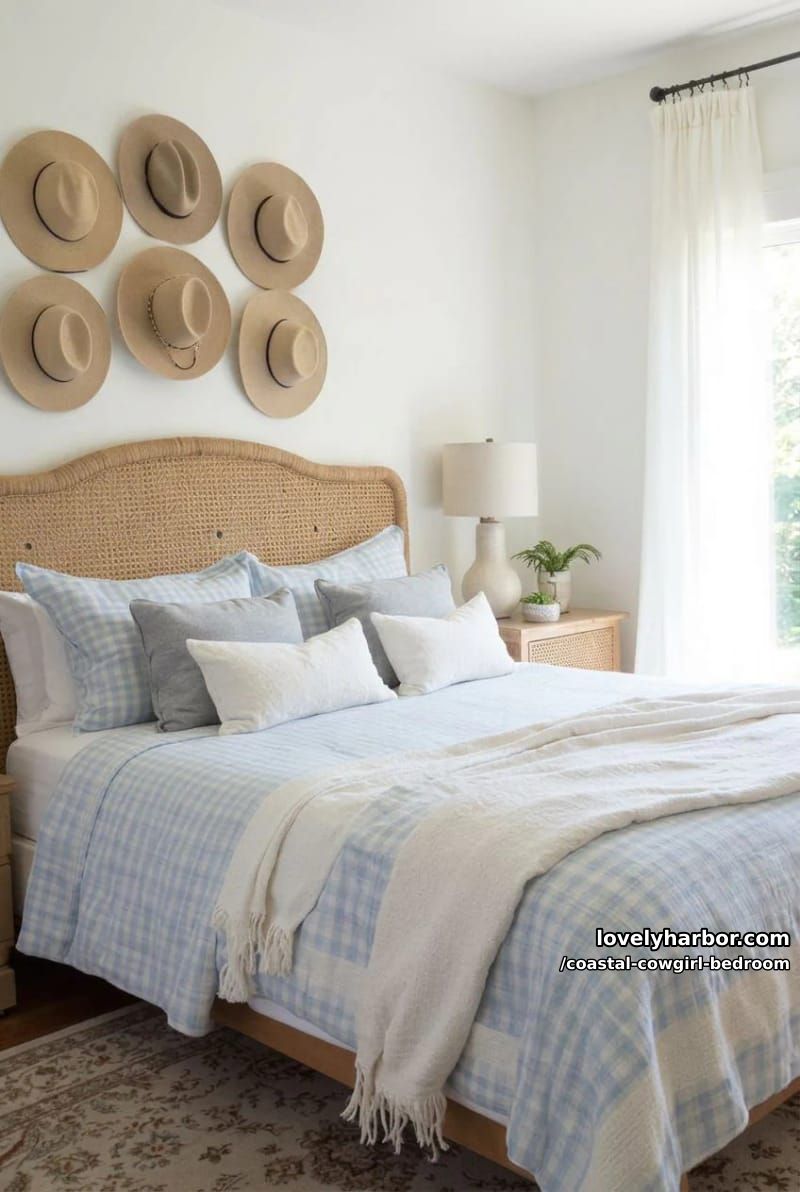 bedroom with rattan headboard, gingham bedding, persian rug, cowboy hats display. 1