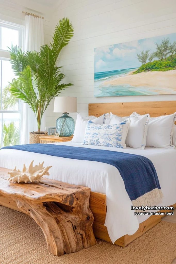 bedroom with rustic wooden bed, blue throw, shiplap wall, and coastal painting. 13