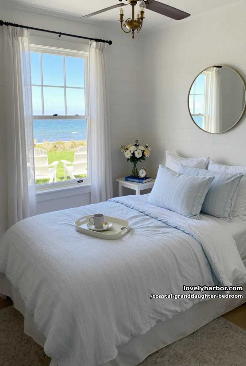 bedroom with shiplap wall, striped bedding, seaside view, and brass chandelier. 1