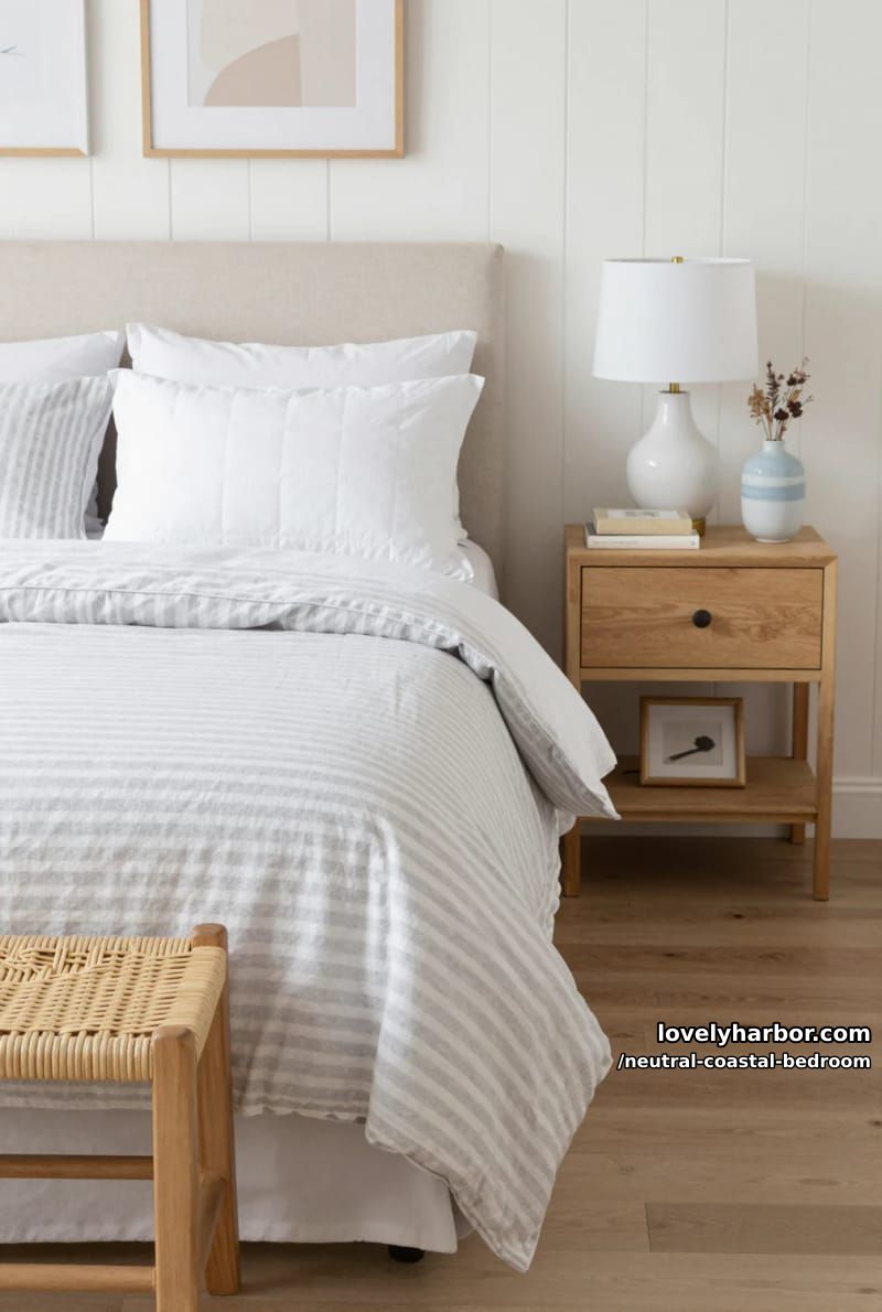 bedroom with striped bedding, beige upholstered headboard, rattan bench, and shiplap wall. 1