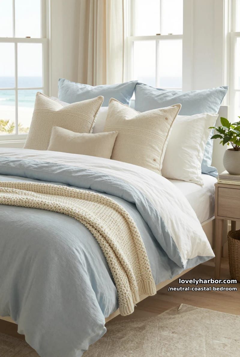 bedroom with textured blue bedding, neutral pillows, and natural light from tall windows. 1