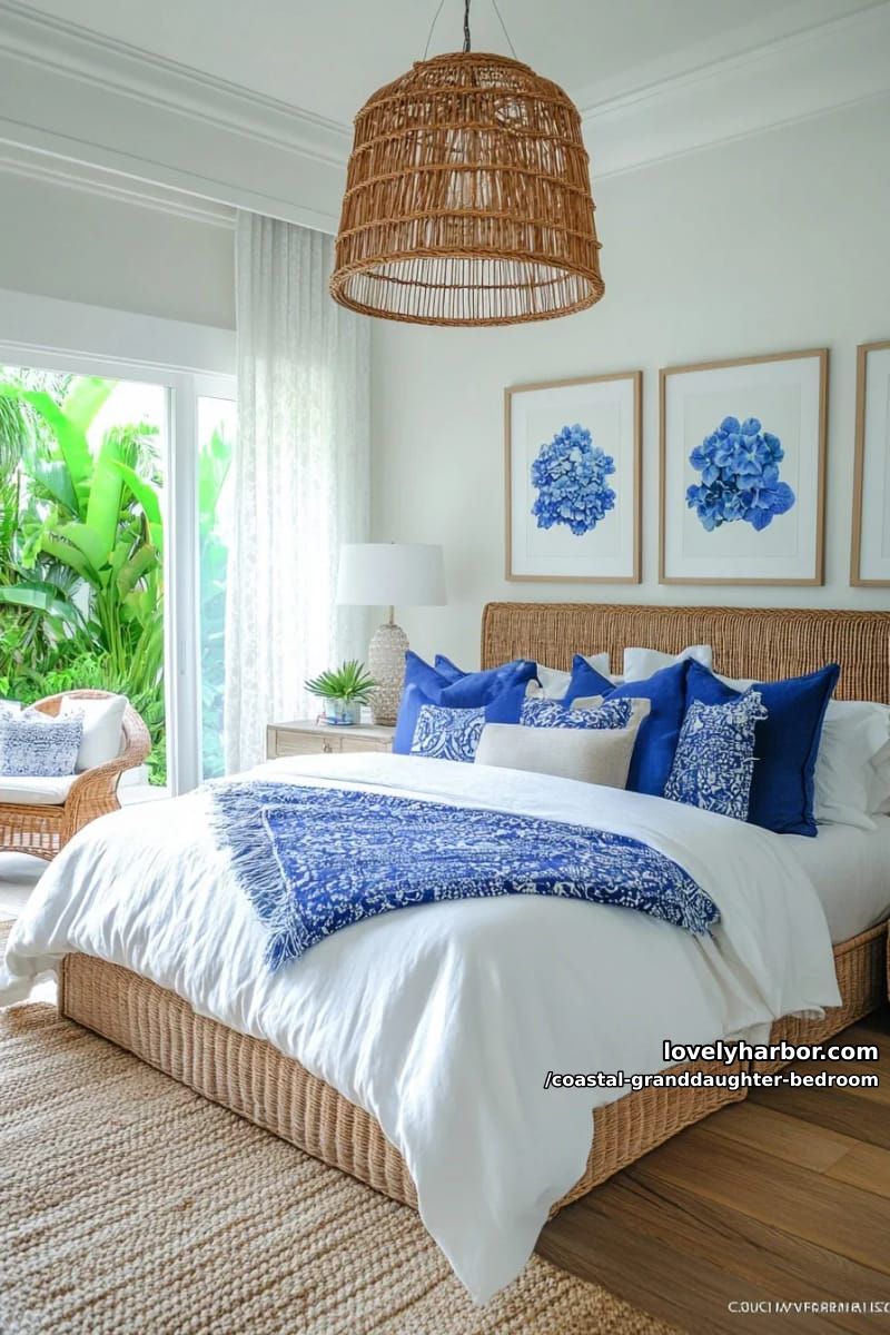 bedroom with toile wallpaper, rattan chandelier, blue throw pillows, and hydrangea art. 1
