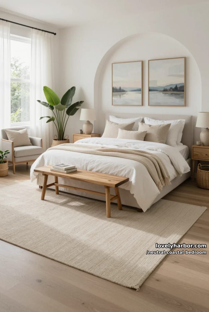 bedroom with upholstered bed, beige linens, wood bench, abstract art, and green plants. 1