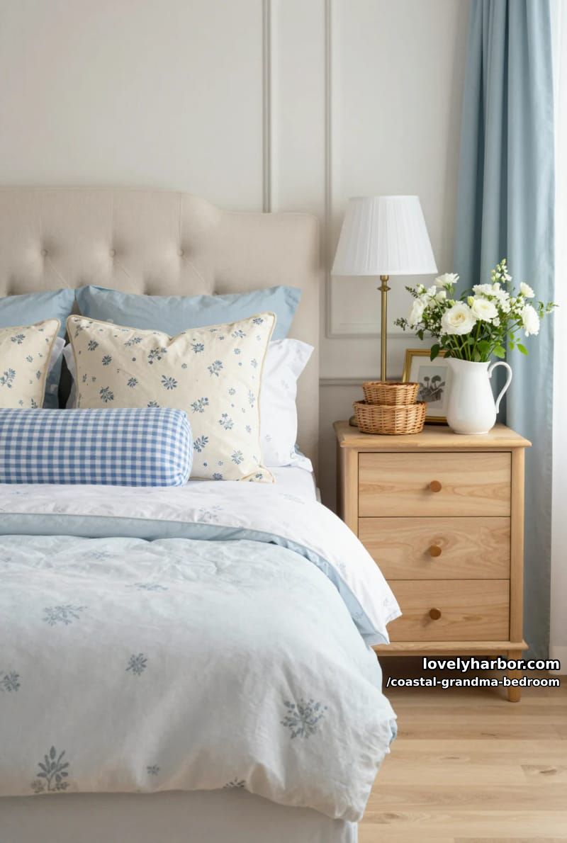 bedroom with upholstered headboard, blue floral pillows, wicker baskets, and soft lighting. 1